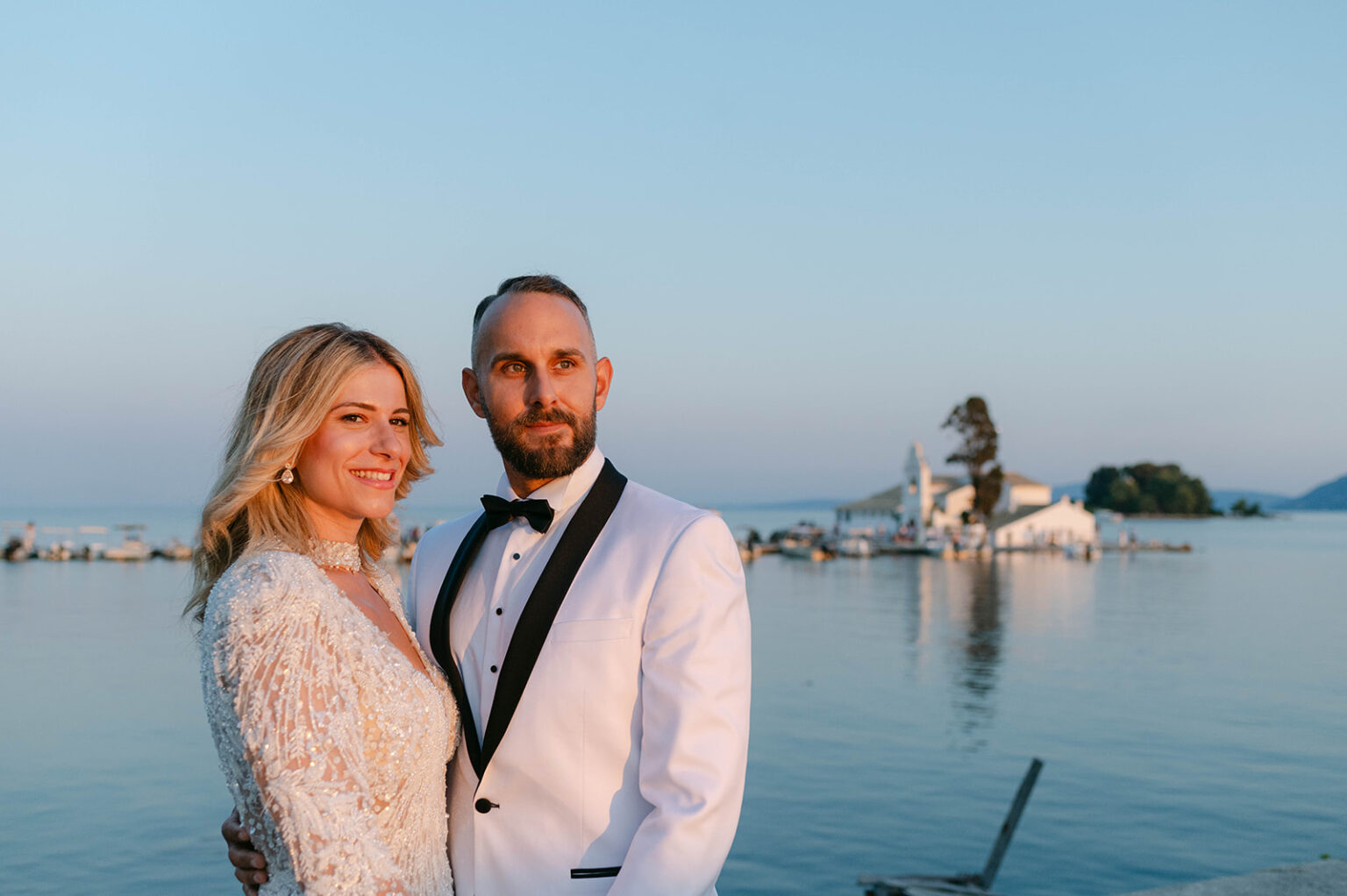 Bride and groom by the sea in Corfu